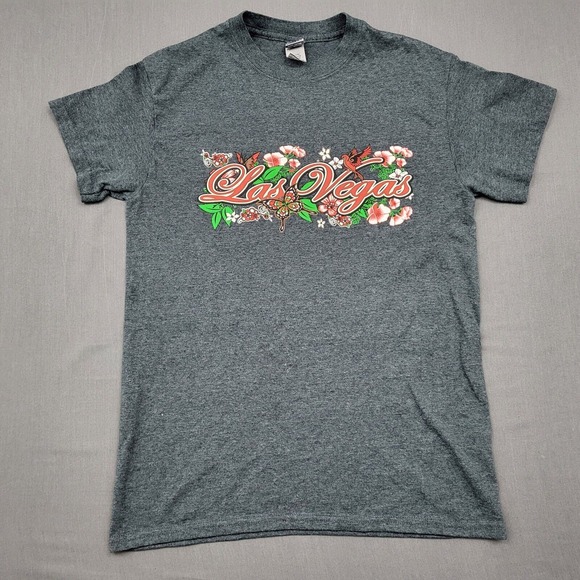 Gildan Tops - Gildan‎ Las Vegas Graphic T-Shirt S Charcoal Gray Heather Floral Butterfly Bird